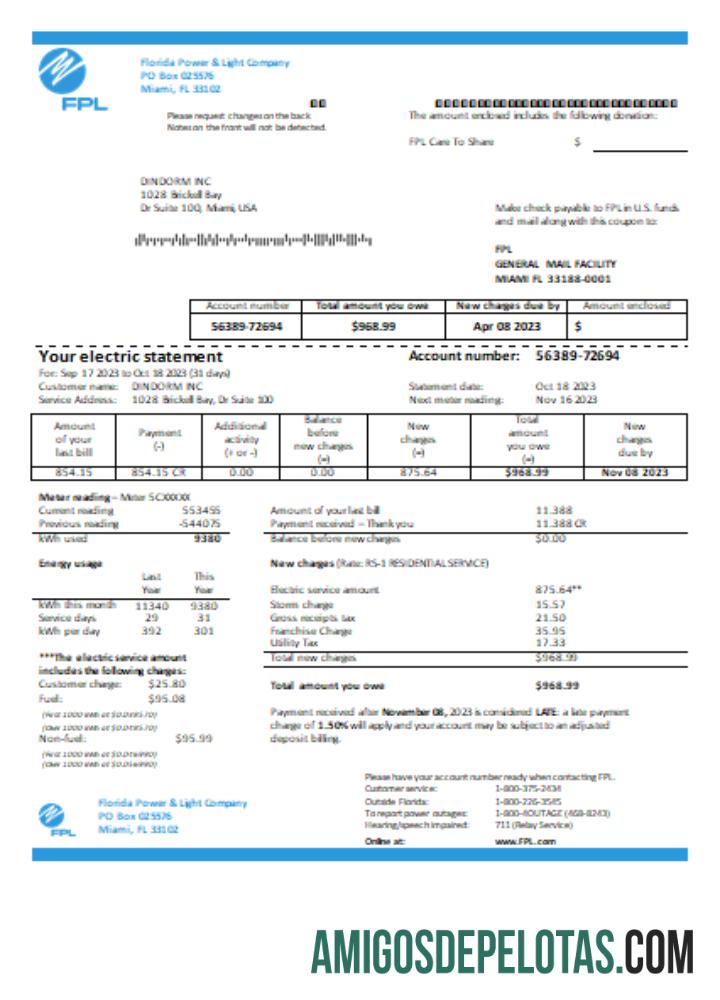 Projeto de lei de serviços públicos de eletricidade da Florida Power & Light Company (FPL) SCR exemplo real